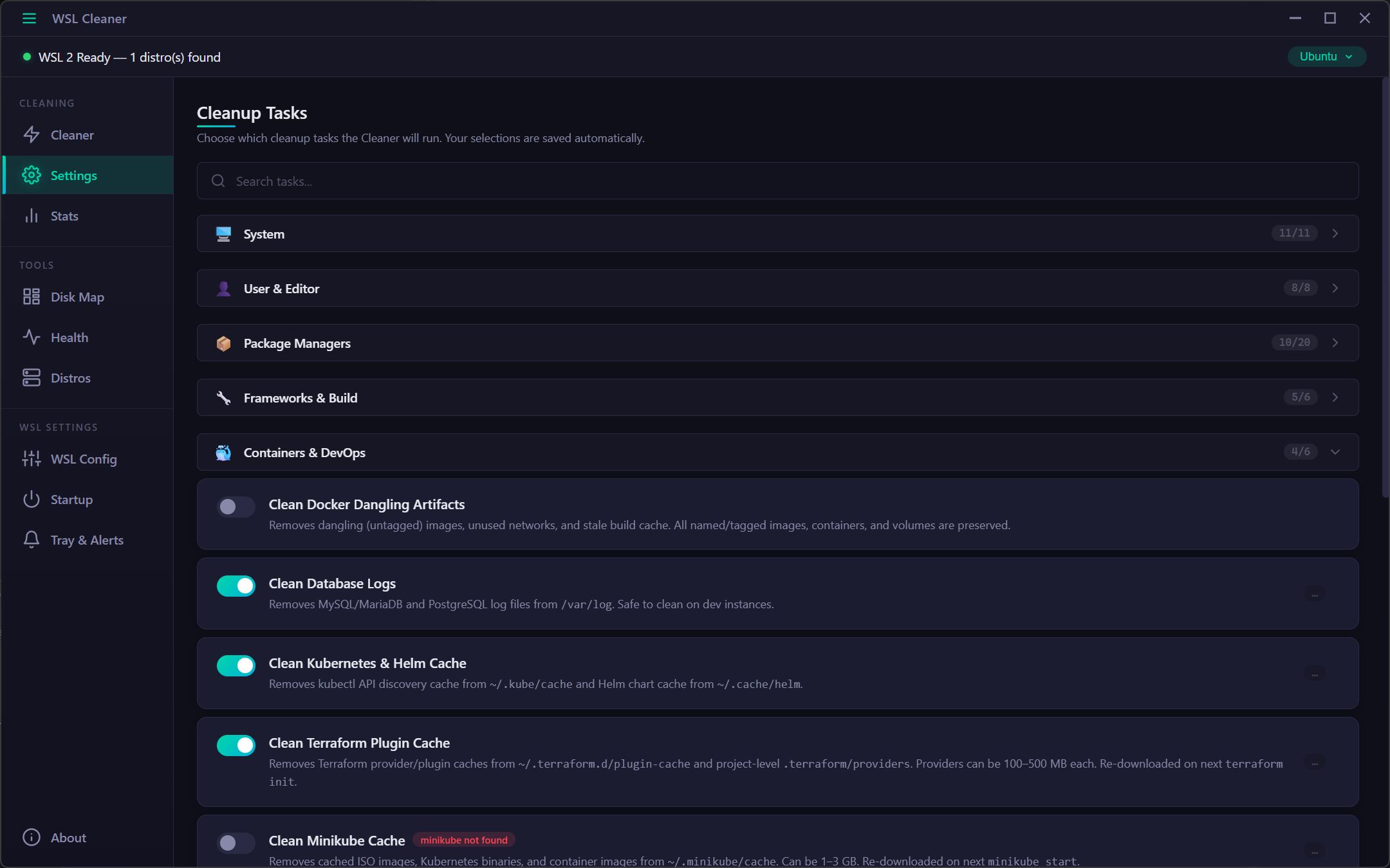 WSL Cleaner - Cleanup task settings