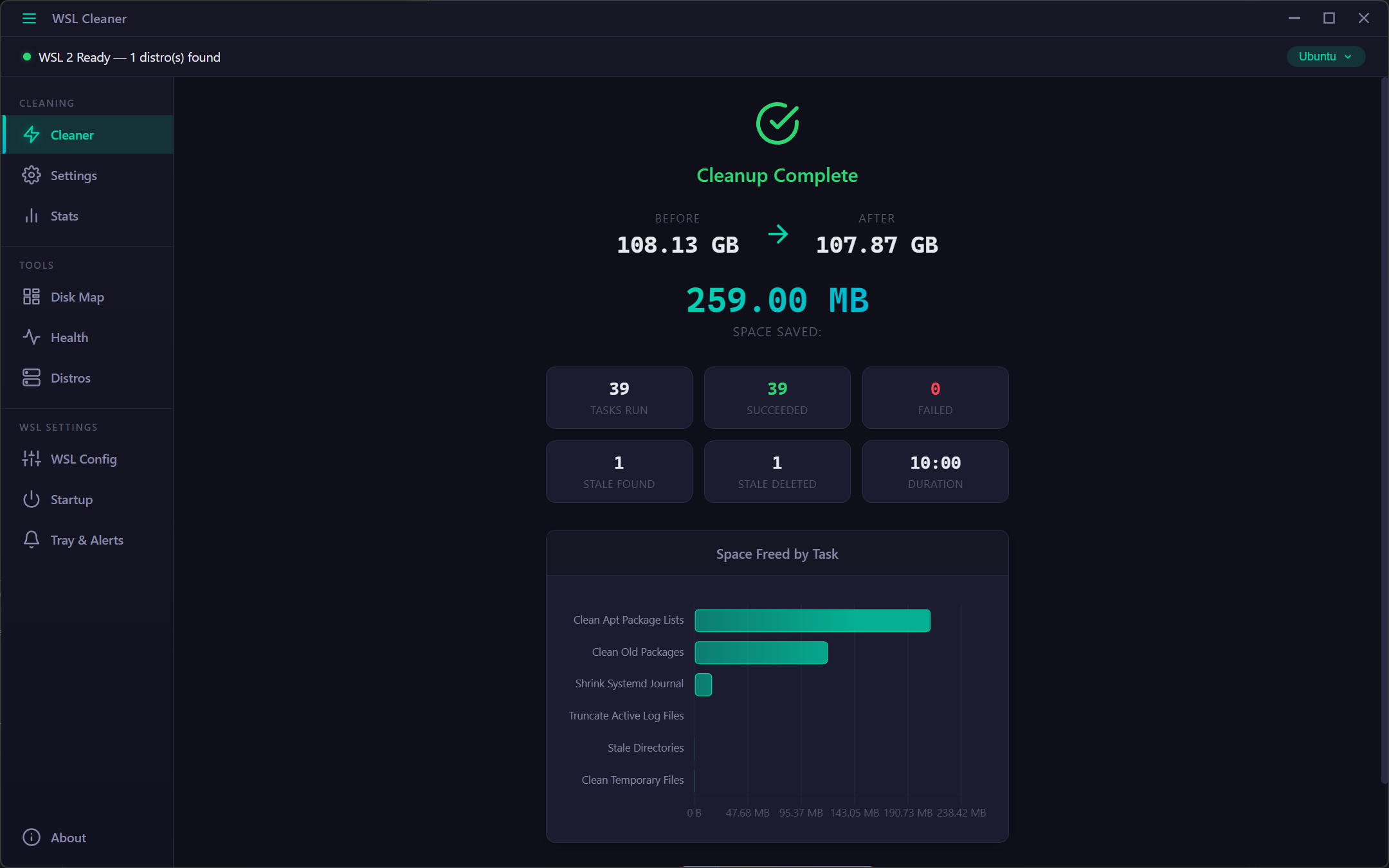 WSL Cleaner - Cleanup progress view