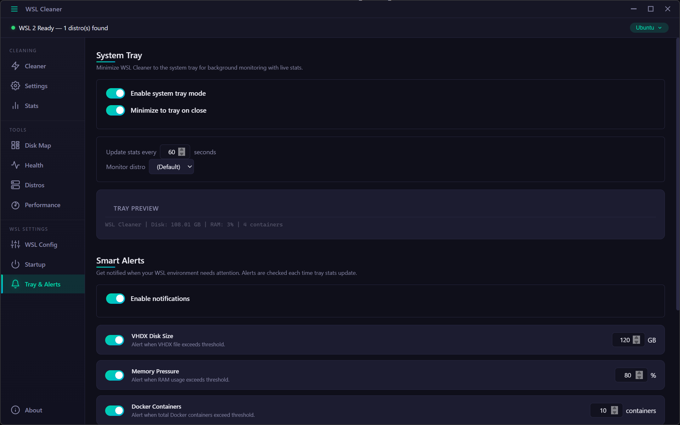 WSL Cleaner - Tray and alert settings